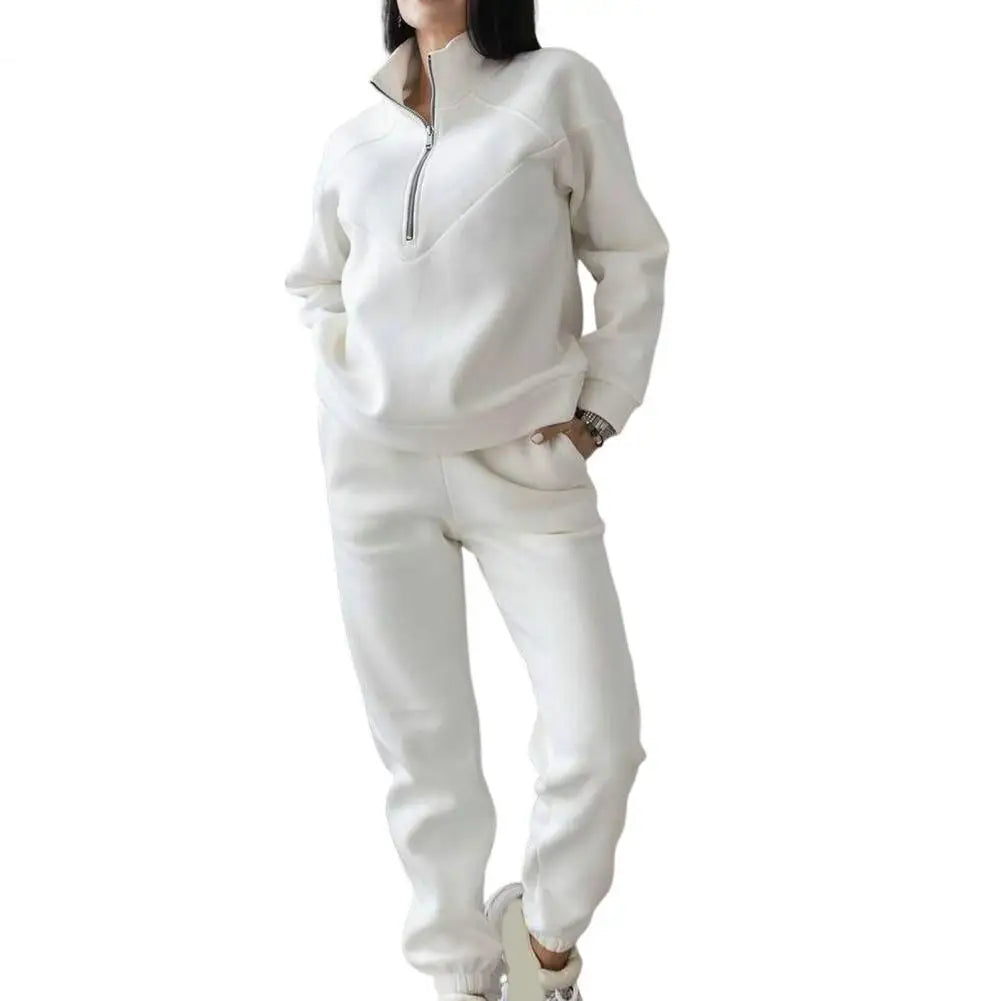 Maxy 2 Pcs/Set Fall Sweatshirt Pants Set Loose Warm Stand Collar Elastic Waist Lady Autumn Tracksuit for Daily Wear