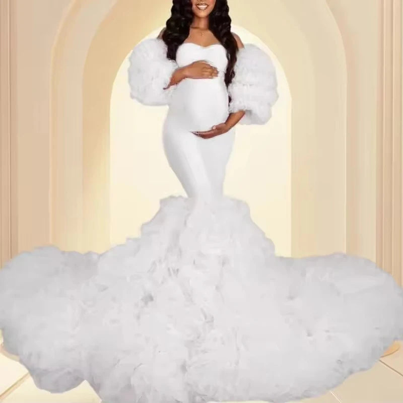 Maxy Hot Maternity Dresses Photoshoot Tulle Maxy Gown Baby Shower Ruffles
