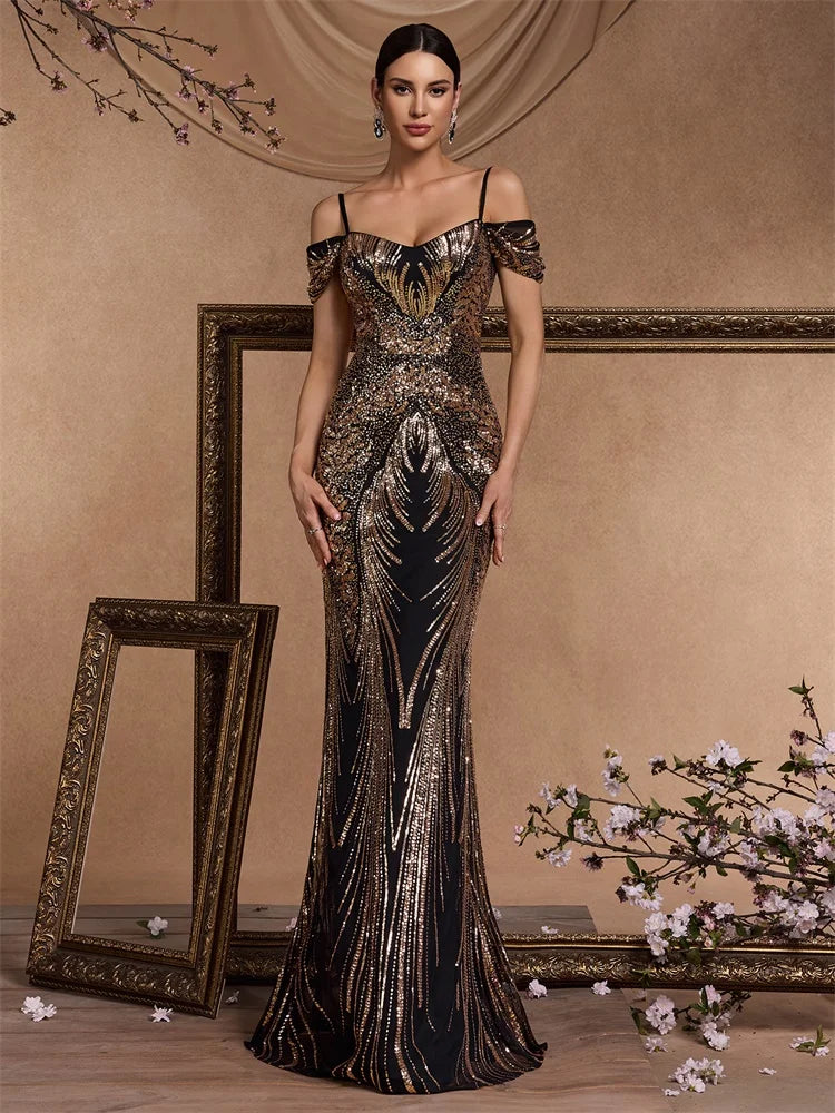 Maxy Lucy in love Elegant Off-shoulder Sequin Evening Dress Long New Women Mermaid Formal Dress Party Gown Bodycon Maxy Cocktail Prom