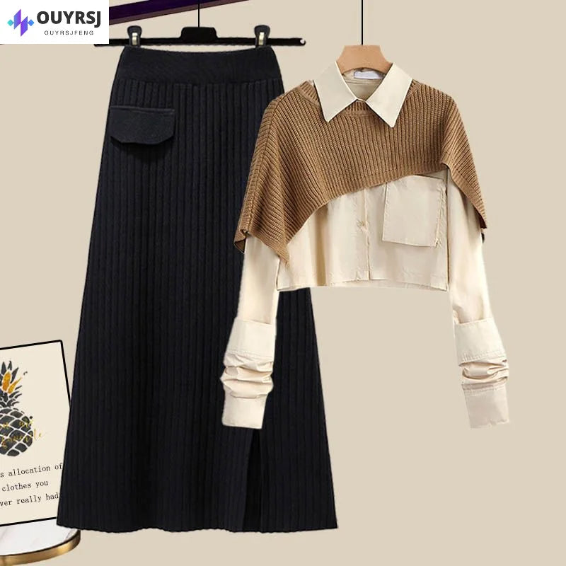 Maxy Women's Autumn and Winter Set New Loose Shawl Shirt High Waist Knitted Half Skirt Minimalist Fashion Two Piece Set