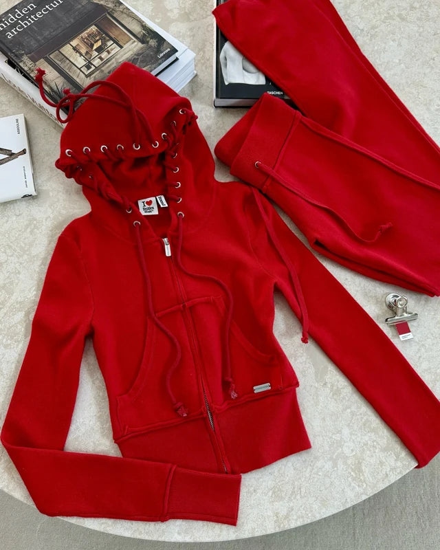 Maxy 2 Two Piece Lounge Set Women Clothing Elegant Tracksuit Drawstring Hoodie Zip Crop Jacket and Flared Pants Outfit Matching Sets