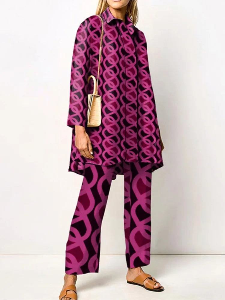 Maxy Autumn New Loose Vintage Printed Pant Sets Women Long Sleeve Shirts And Wide Legs Trousers Two Piece Set Fashion Streetwear