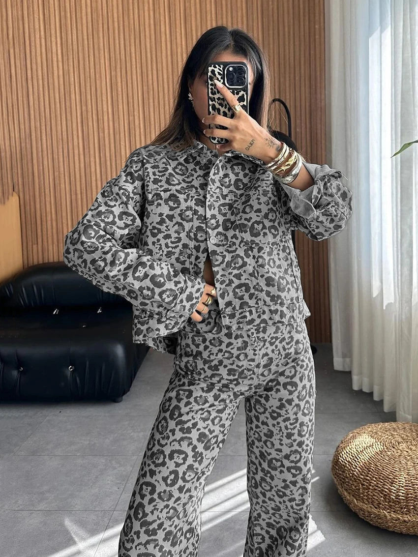 Marthaqiqi Leopard Print Women Nightgowns Set Long Sleeve Nightwear Turn-Down Collar Pajamas Pants Fashion Ladies Sleepwear Suit