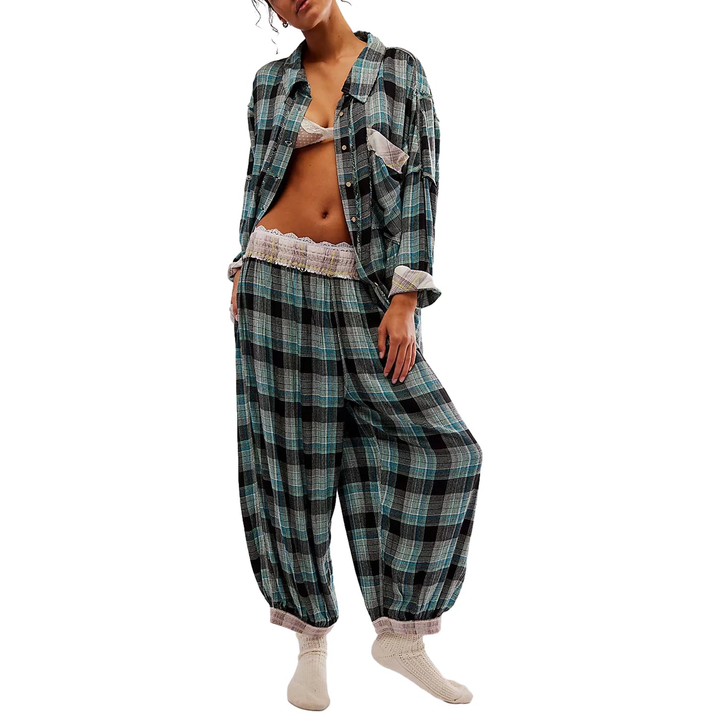 Women s 2 Piece Lounge Palid Pajamas Set Y2k Long Sleeve Button Down Shirt and Wide Leg Pants Sleepwear Outfits