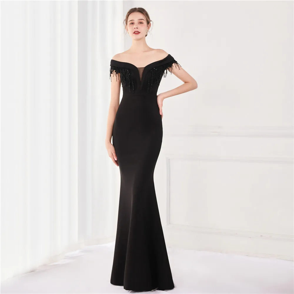 Maxy Evening Dress Navy Blue Stretchy Off the Shoulder Beads Zipper Back Mermaid Trumpet Floor Length Women Party Formal Gowns YE131