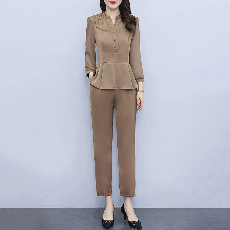 Amay New Spring Autumn Pants Sets For Women 2 Pieces Fashion Elegant Oversize Stand Collar Folds Hem Slim Female Suits