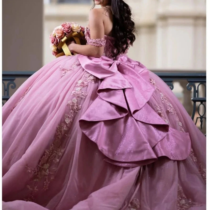 Maxy Princess Customized Mexican Pink Ball Gown Quinceanera Dresses For 15 Girls Beaded Appliques Women Prom Celebrity Party Gowns Vestidos