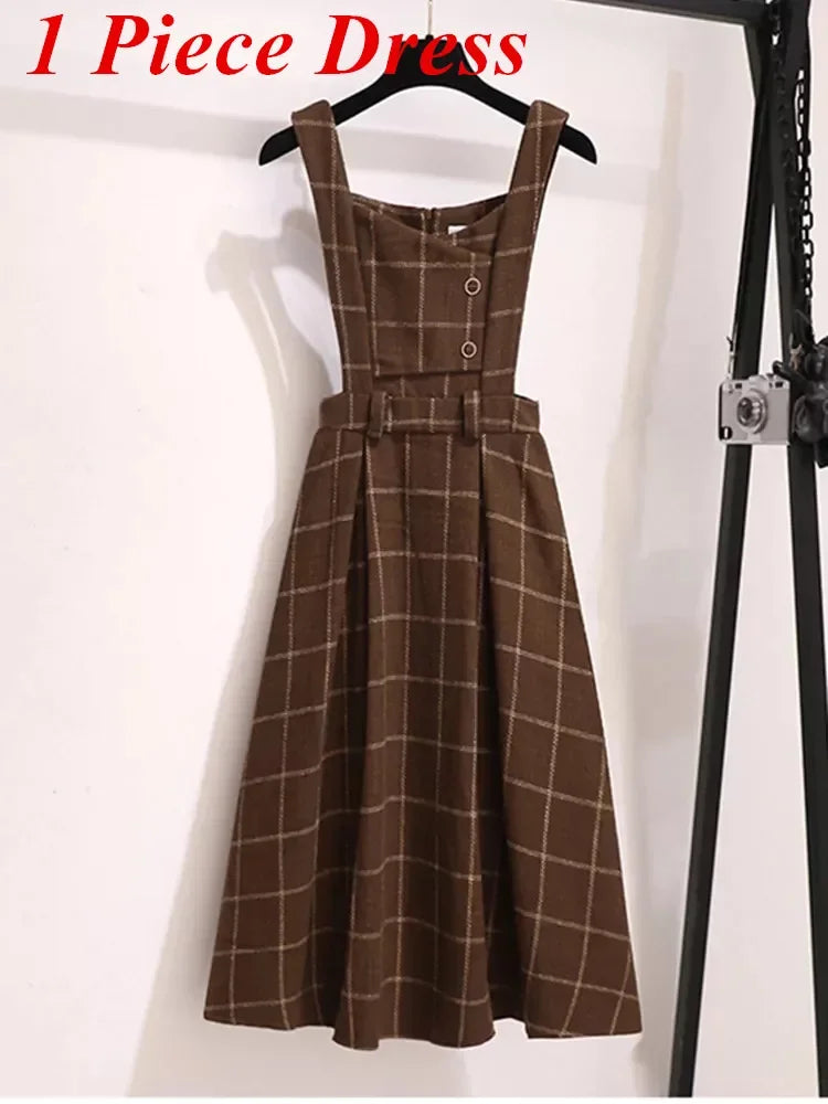 Maxy High Quality Fall Winter Women Sweater Overalls Dress Sets Casual Knitted Tops +Plaid Woolen Dress 2 Piece Sets Outfits Female