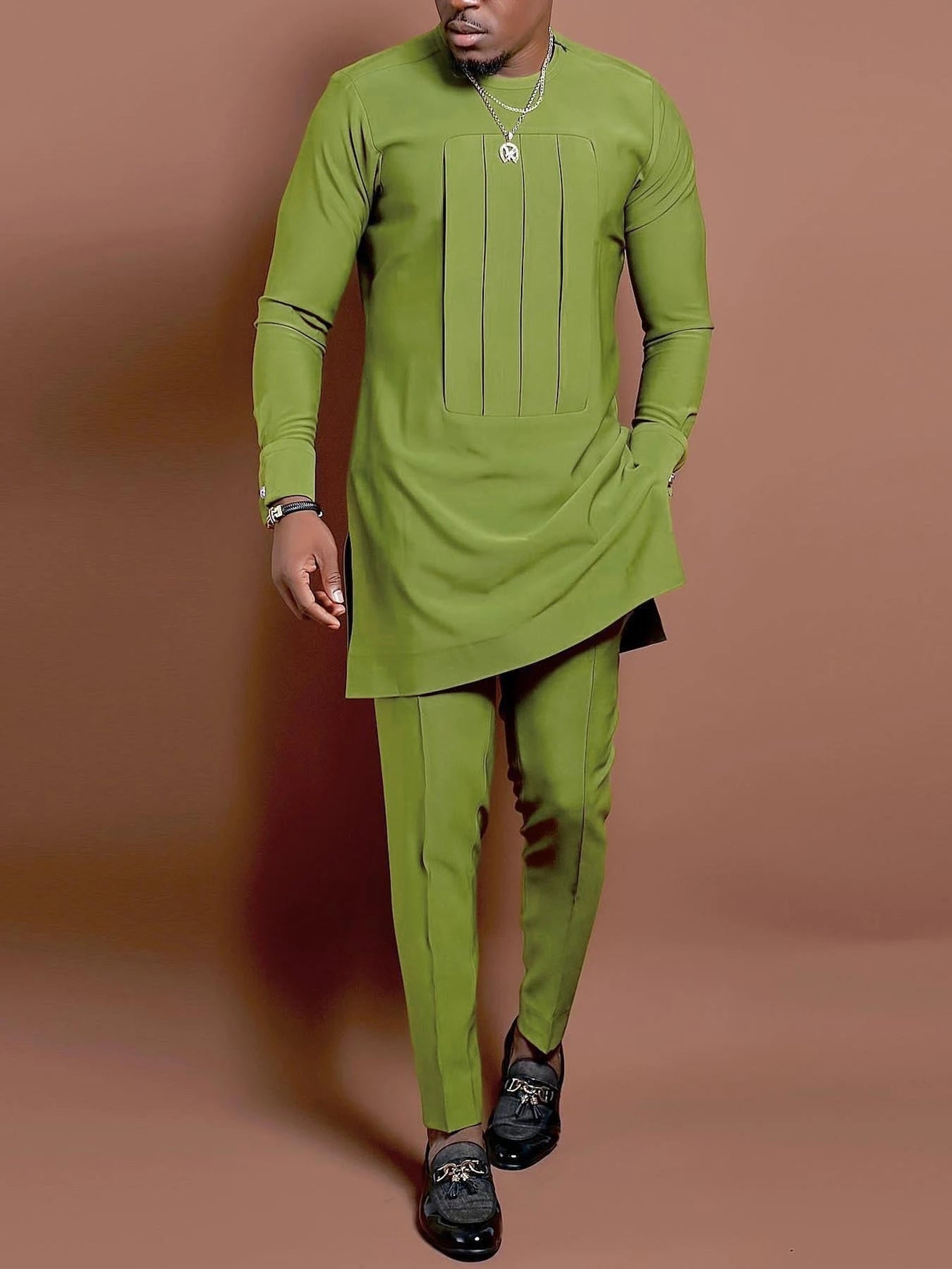 Amay New Kaunda Men's Set Fashionable and Elegant Men's Wedding Set Round Neck Long Sleeve Embroidered Men's Full Set Suit