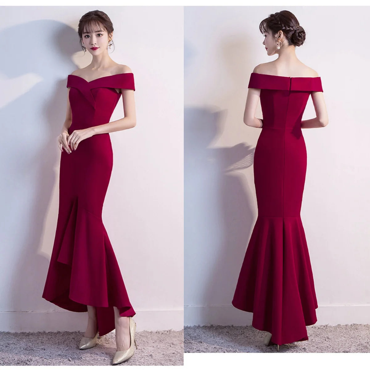 Maxy Evening Dresses Burgundy Sequins Stretchy Off the Shoulder Zipper Back Mermaid Trumpet Floor Knee Women Party Formal Gowns YE288