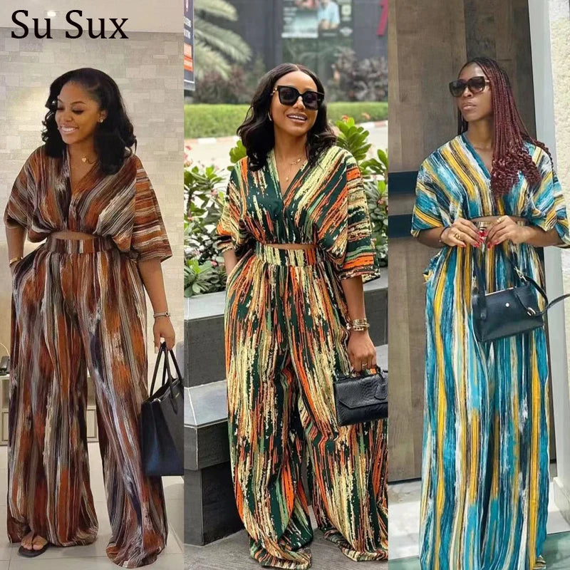 Maxy Clothes for Women 2 Pieces Sets Clothing Striped Crop Top and Wide Leg Pants Sets Streetwear