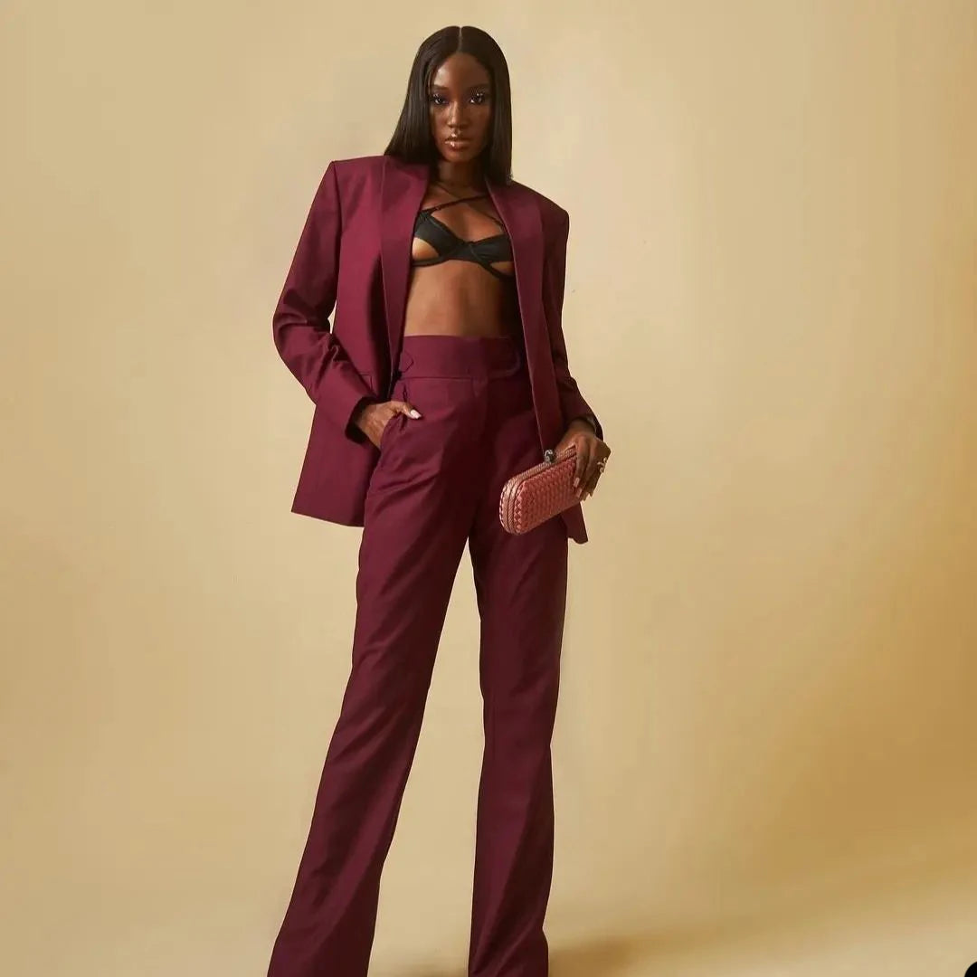 Maxy Classic Women Burgundy Suits Custom Made Peaked Lapel Loose Over Size Blazer Streetwear Outdoor Casual Daily Coat 2 Pieces