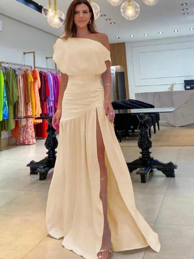 Maxy Elegant Women's Red Black Off Shoulder Party Maxy Dress Summer Sexy One-line Neck Raglan Sleeve Slit Holiday Dresses Robe