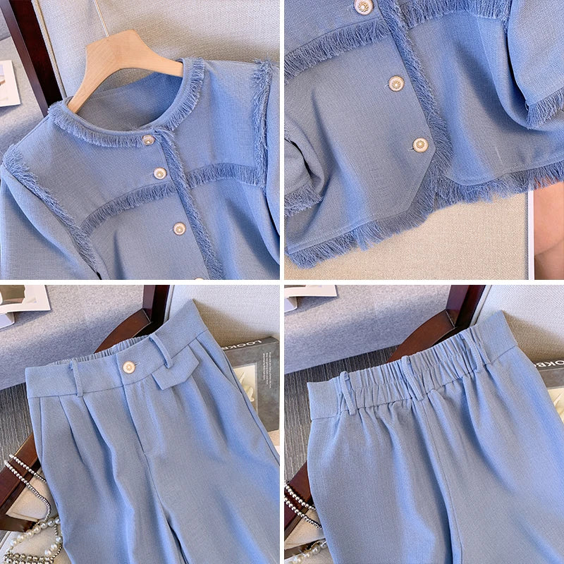 Maxy Women Fragrance Vintage Tassel Pant Suit Shirt Top And Trousers Two Piece Set Summer Matching Outfit Formal Occasion Cloth