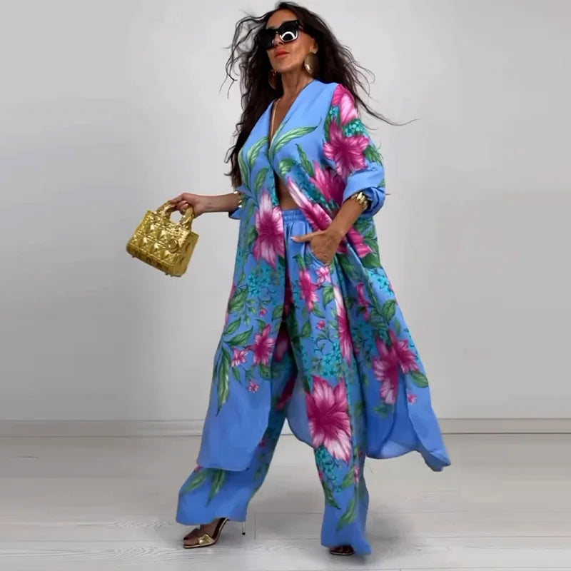 Maxy Business Casual White Tropical Print Long Sleeve Pocket Casual Wide Leg Two Piece Pant Set for Women Autumn Vintage 2 Piece Set