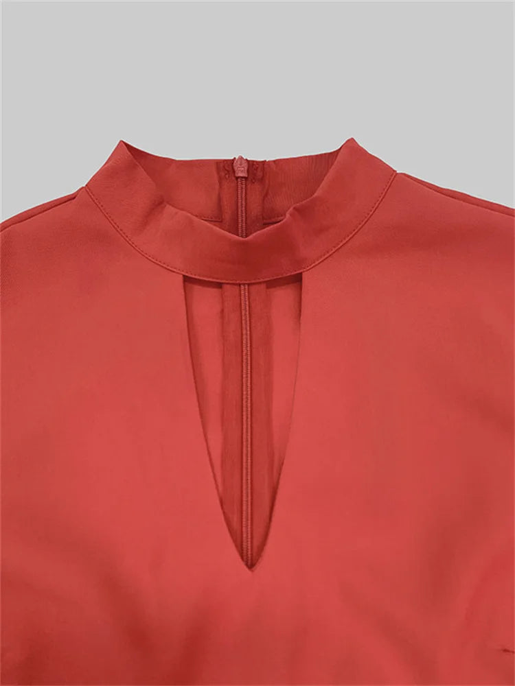 Maxy New Spring Women's Party Evening Maxy Dresses Puff Sleeves Buttoned Stand collar Hollow Elegant Red Banquet Dress