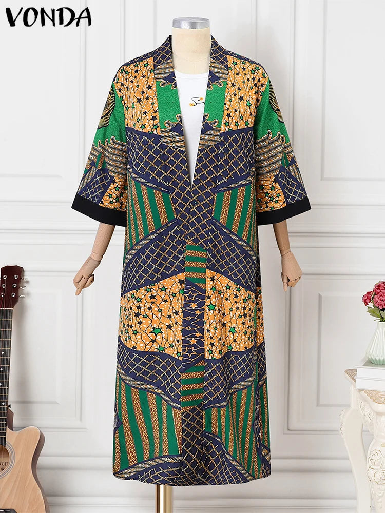 Maxy Plus Size VONDA Women Long Cardigans Bohemian Cover-ups Blouse Printed Long Sleeve Cardigans Casual Loose Elegant Shirts