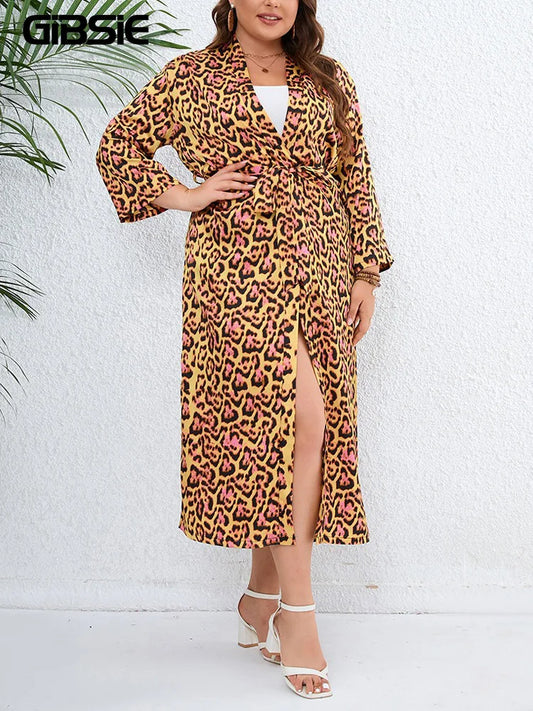Amay Plus Size Leopard Print Belted Long Kimono Cardigan Women Open Front Long Sleeve Blouse Holiday Bohemian Beach Tunic Tops