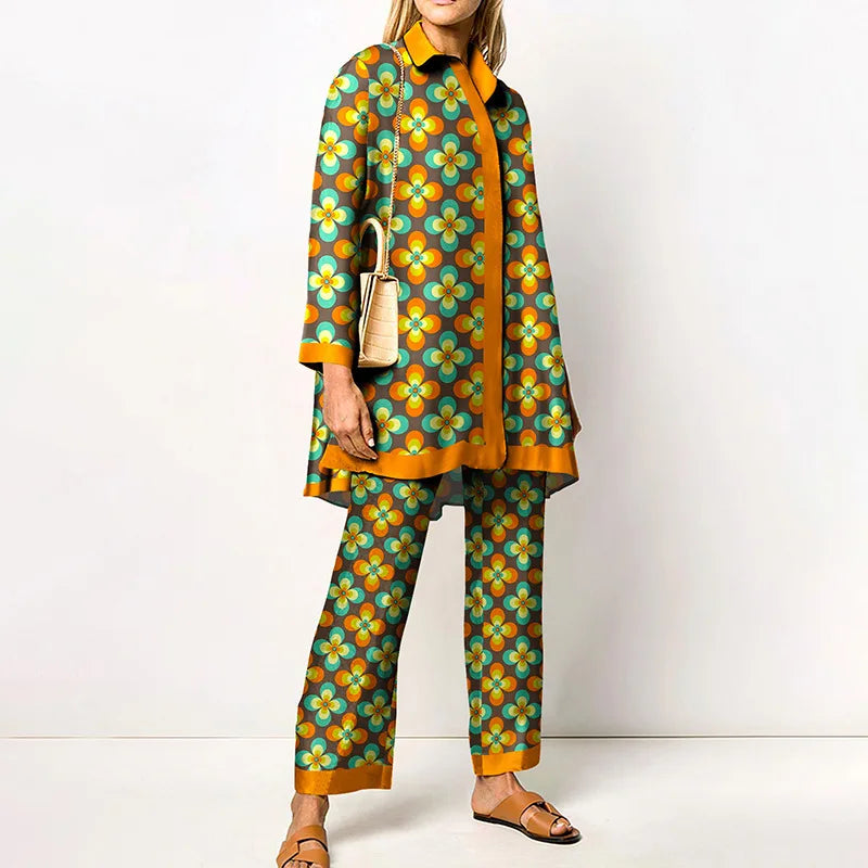 Maxy Autumn New Loose Vintage Printed Pant Sets Women Long Sleeve Shirts And Wide Legs Trousers Two Piece Set Fashion Streetwear