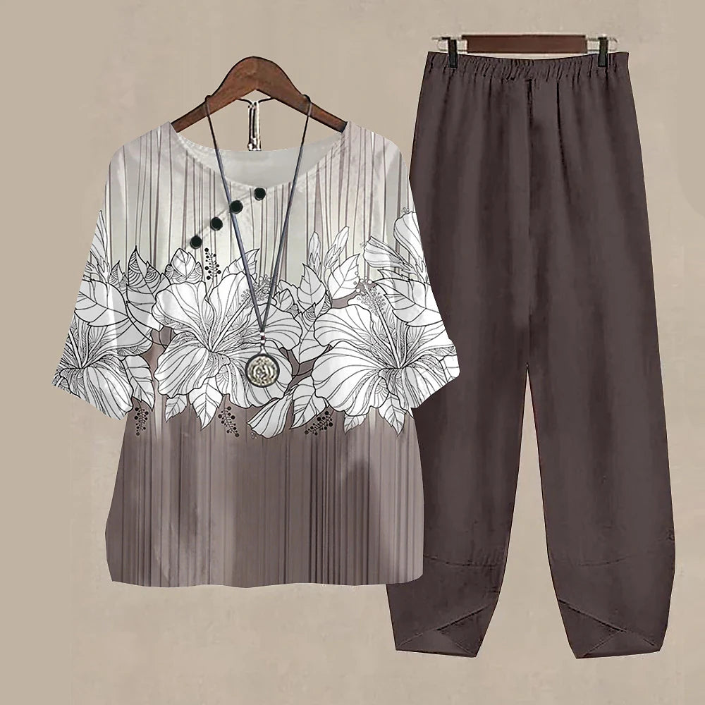 Maxy Leaf Printing Women O Neck Short Sleeve Suit Elegant High Waist Pants Fashion Top&Pants Set Casual Outfits Two Piece Sets Summer