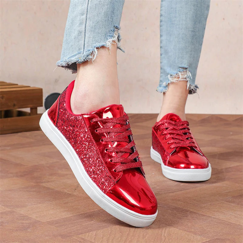 Amay Hot Fashion Red Women's Sneaker Comfortable Flat Low Cut Casual Sneaker Shoes Women Autumn Mirrors Plus Size 46 Skateboard Shoes