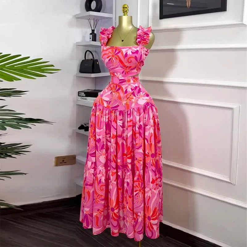 Maxy Skirt Set Women Two Piece Sets Floral Print Dress Sets Sling Short Vest Tops A Line Long Skirts Matching Sets Sexy Elegant Y2k