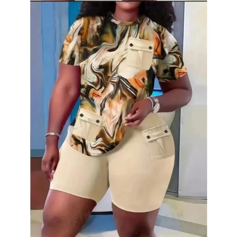 Maxy Two Piece Sets Women Short Pant Set Print Round Neck Casual Tops Sheath High Waist Shorts Pants Casual Slim Fit Summer