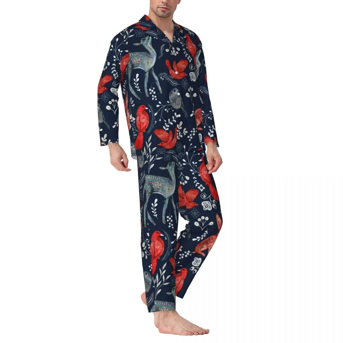 Maxy Cute Fox Print Pajama Sets Funny Christmas Kawaii Sleepwear Man Long Sleeve Loose Leisure 2 Pieces Nightwear Big Size XL 2XL