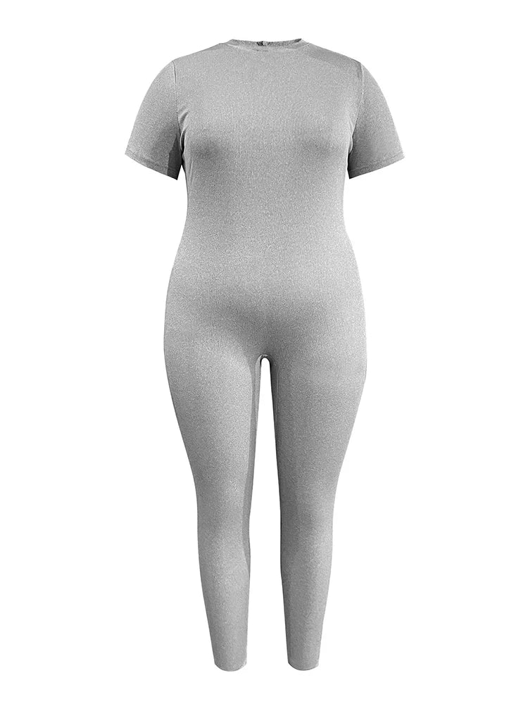 Maxy Autumn Large Size Full Jumpsuit Women Fashion Casual Short Sleeve Round Neck Solid Bodysuit Plus Size Womens Clothing
