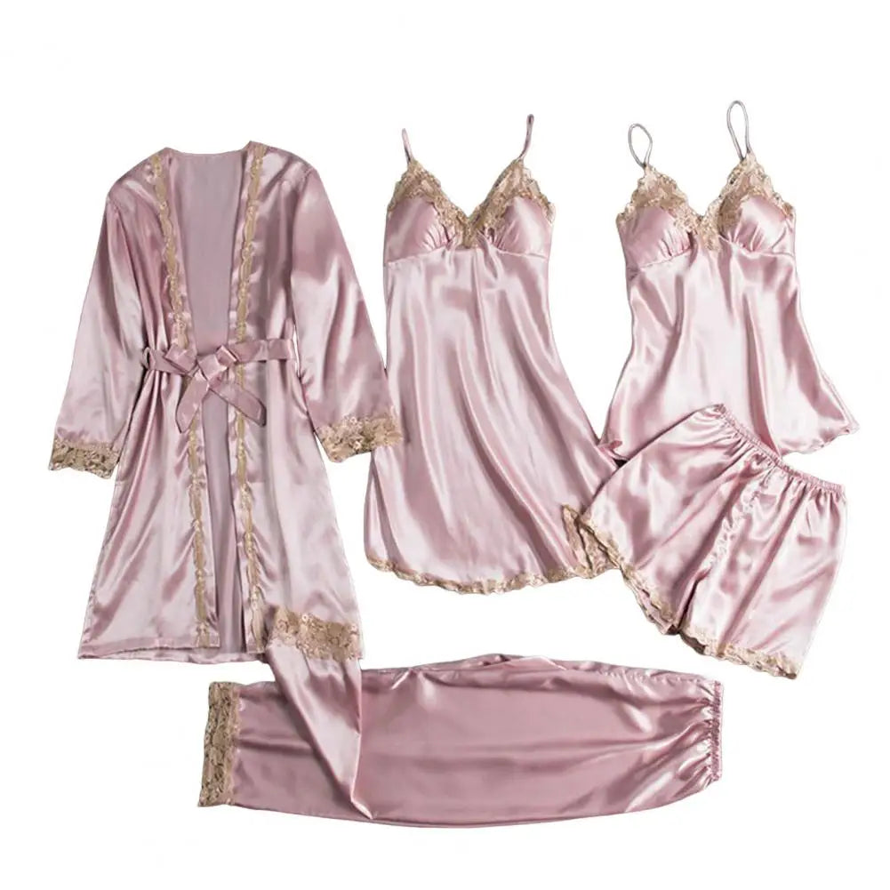 Women Satin Pajamas Elegant Satin Lace Pajama Set with Lace-up Waist 5-piece Nightwear Set for Women Silky Nightgown Shorts Set