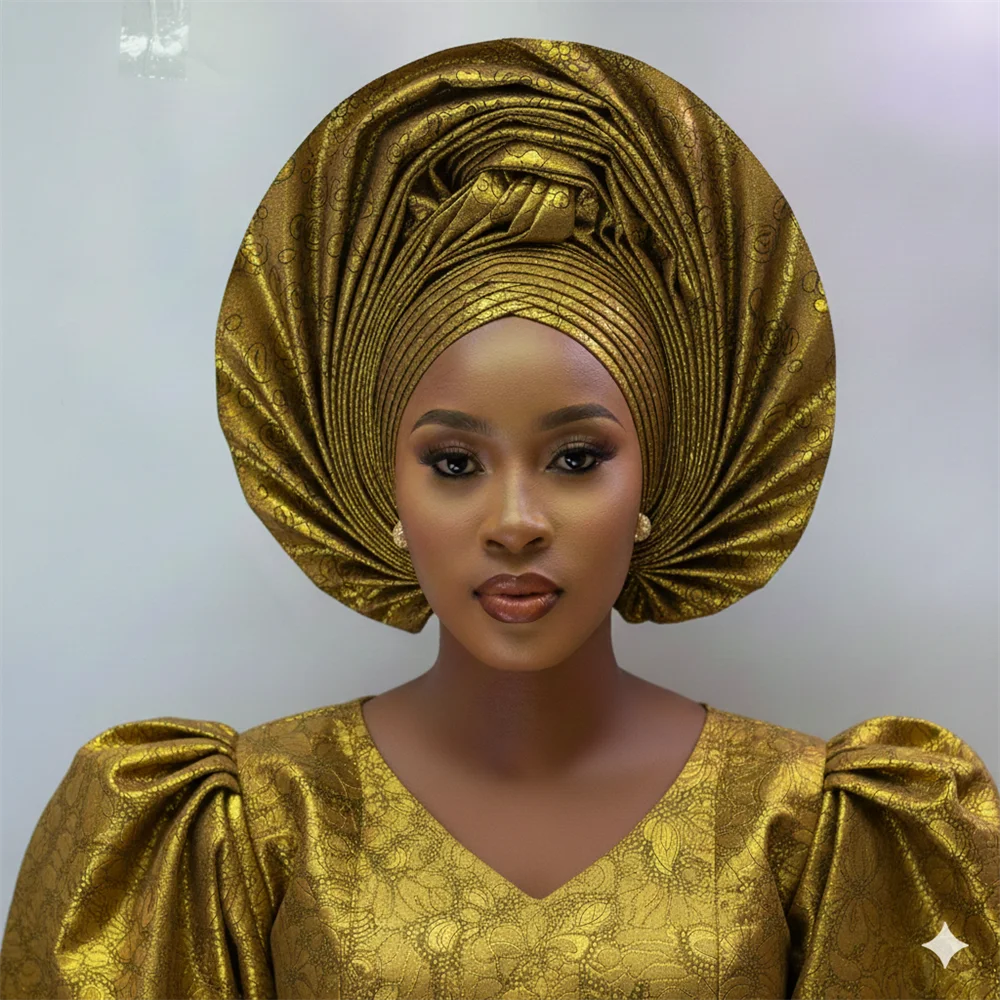 Maxy Head tie Luxury Gold Gele Aso Ebi Already Made Head tie Turban Cap Women's Head Wear