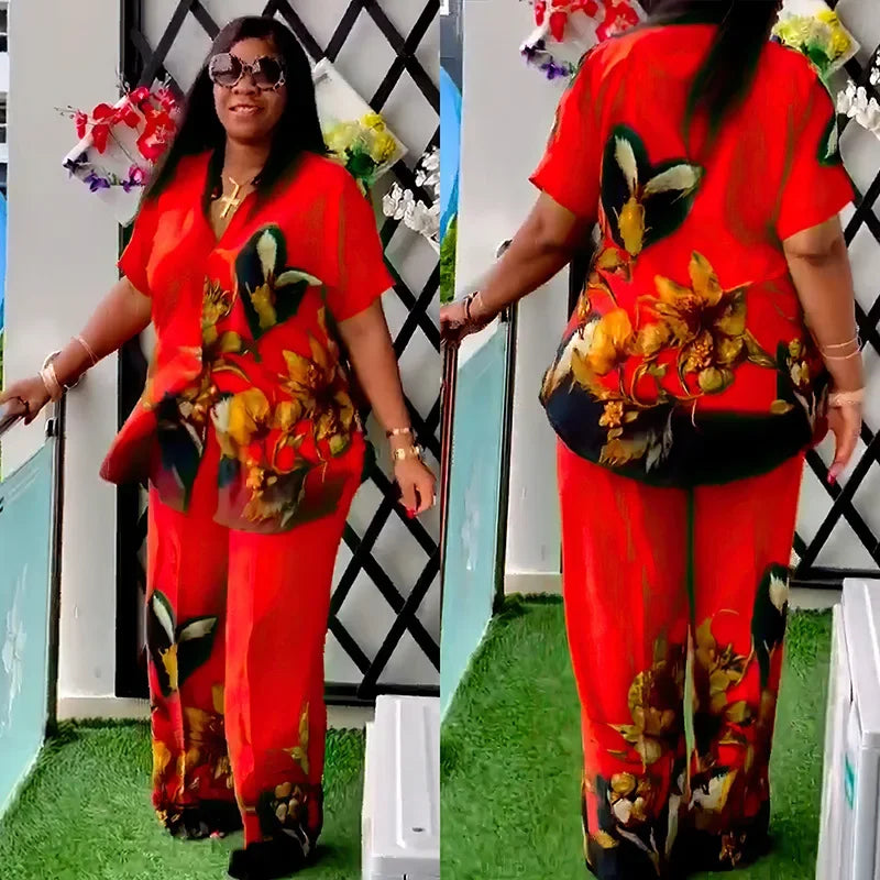 Maxy African Print Matching Sets for Women Satin Tops Pants Summer Blouse Trousers Suit Africa Clothing