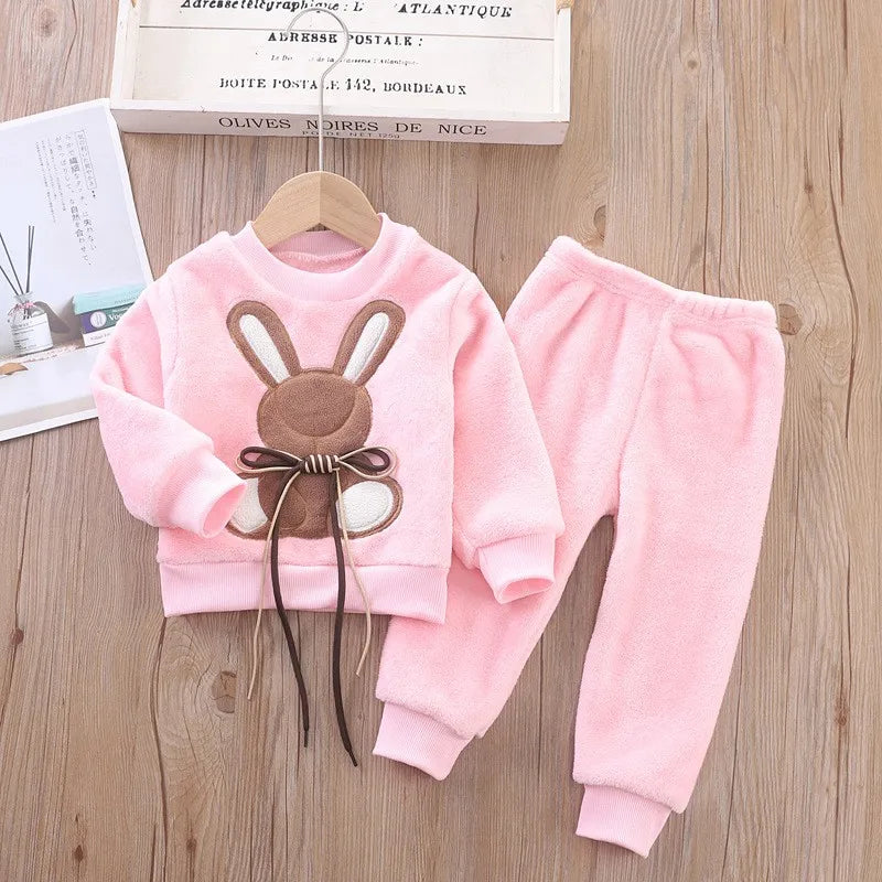Maxy Children Toddler Set Cartoon Rabbit Pajamas Baby Boy Girl Flannel Warm Sleepwear Top+Pants 2pcs Autumn Winter Casual Clothes New
