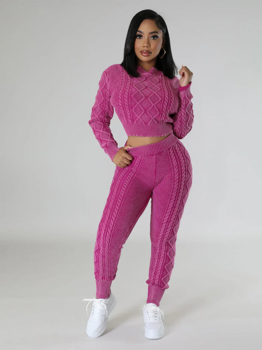 Women Tracksuit 2 Piece Outfits Winter Long Sleeve Stretch Knitted Crop Top And Pants Set Casual Two Piece Set Women Sweater Set