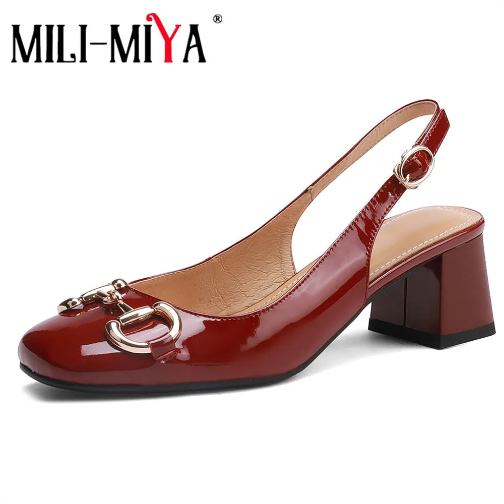 Maxy MILI-MIYA Classic Metal Buckle Women Patent Leather Pumps Round Toe Thick Heels Slip On Plus Size 34-43 Spring Autumn Shoes
