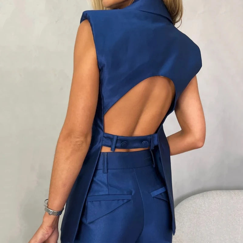 Maxy Wefads Women's Sets Summer Office Lapel V Neck Sleeveless Backless One Button Solid Vest Top Loose Pants Suit High Streetwear
