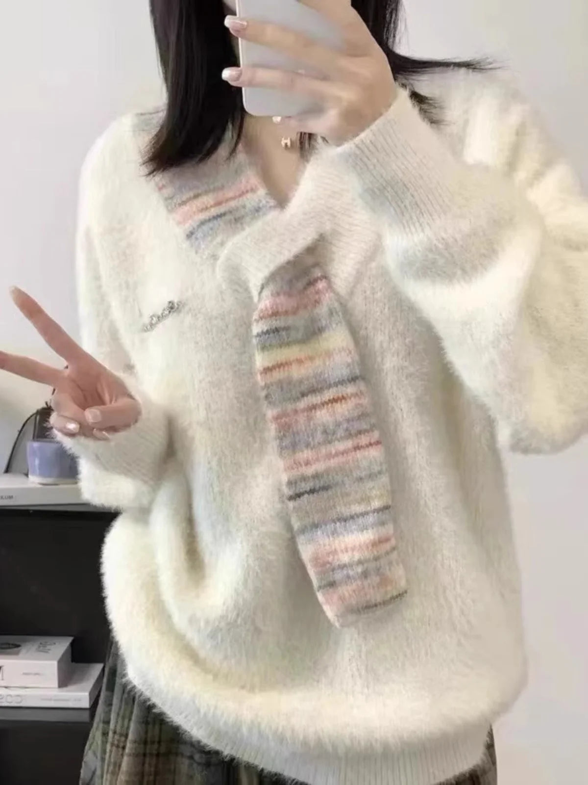Maxy Style Pullover Sweater Casual Scarf Patchwork Knitted Sweaters Women Autumn Winter Imitating Mink V-neck Pull Femme