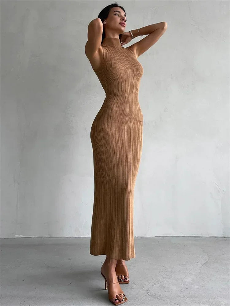 Maxy Talena Knitted Sleeveless Slim Long Dress Women's Fashion Elegant Evening Dress High Neck Solid Color Sexy Knitted Long Dress