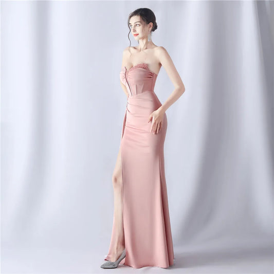 Maxy Stripless High Slit Backless Shaped Fishbone Waist Covering Heavy Industry Beaded High-End Long Prom Evening Dress
