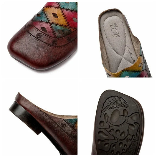 Maxy 2cm Cow Sandals Hollow Genuine Leather Comfy Flats Artistic Round Toe Slippers Women Shoes Summer Beach Loafer Leisure