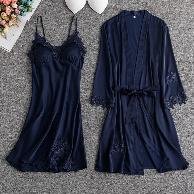 Maxy Lace Patchwork Kimono Bathrobe Set Female Sleepwear Twinset Robe Suit With Strap Nightgown Summer Perspective Nightwear Lingerie