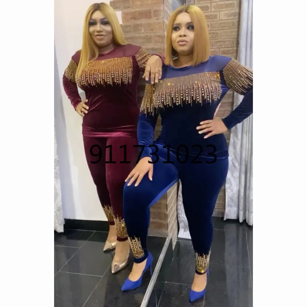 Maxy African Clothes for Women Spring and Autumn African Women Long Sleeve Black Two Pieces Sets Top and Pant African Clothing