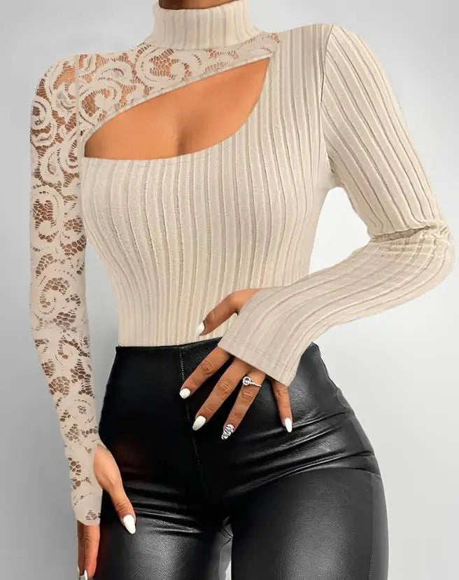 Amay Hollow Lace Patch Standing Collar Ribbed Top Casual New Fashion 2023 Best-Selling Women's Long Sleeves