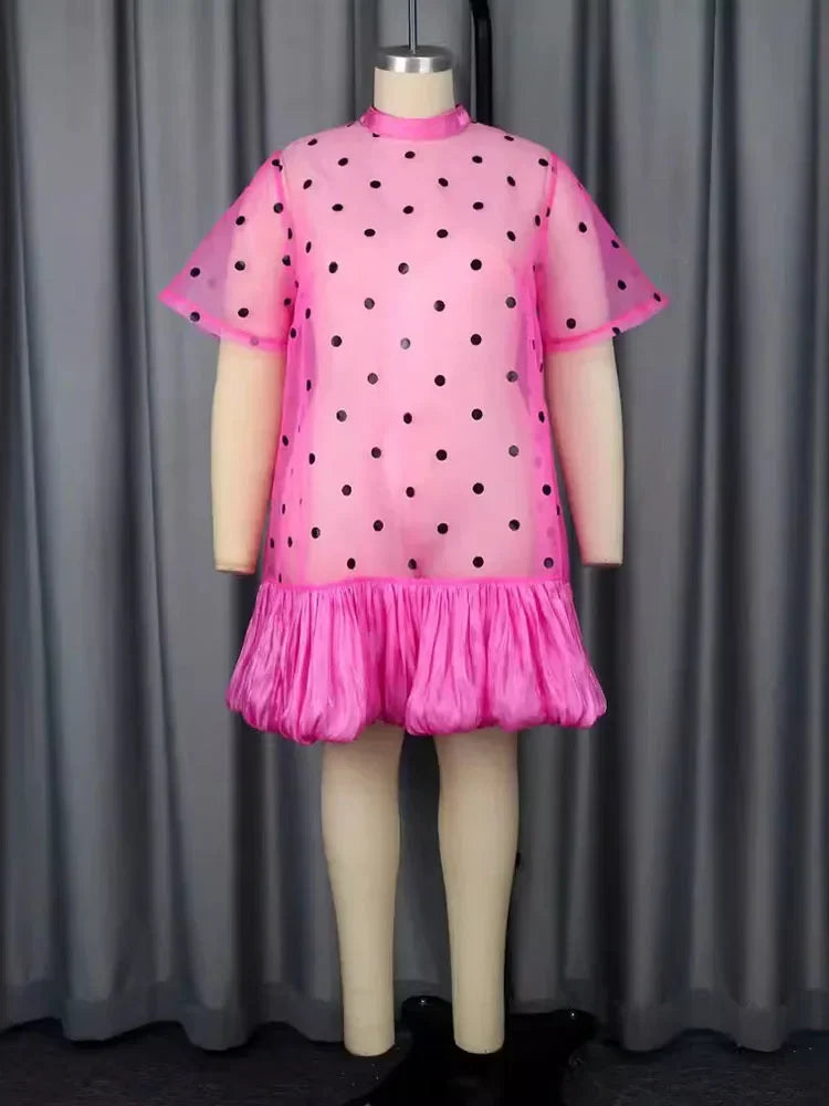 Maxy Pink Polk Dot Ruffle Hem Plus Size Dress See Through Sweet Elegant Casual Party Club Short Sleeve Evening Mini Dress for Women
