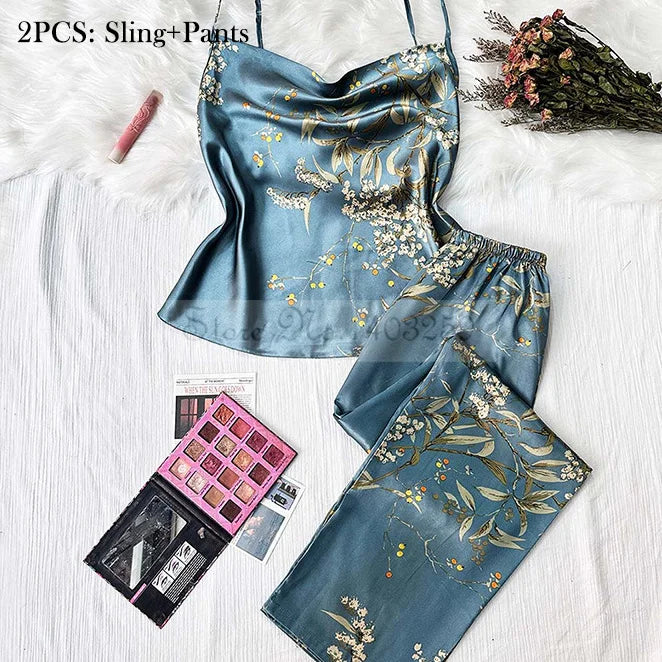 Max Four Pieces Pajamas Set Printed Little Cherry Sleepwear Women Satin Nightgown With Suspender Sling Shorts Summer Home Clothes