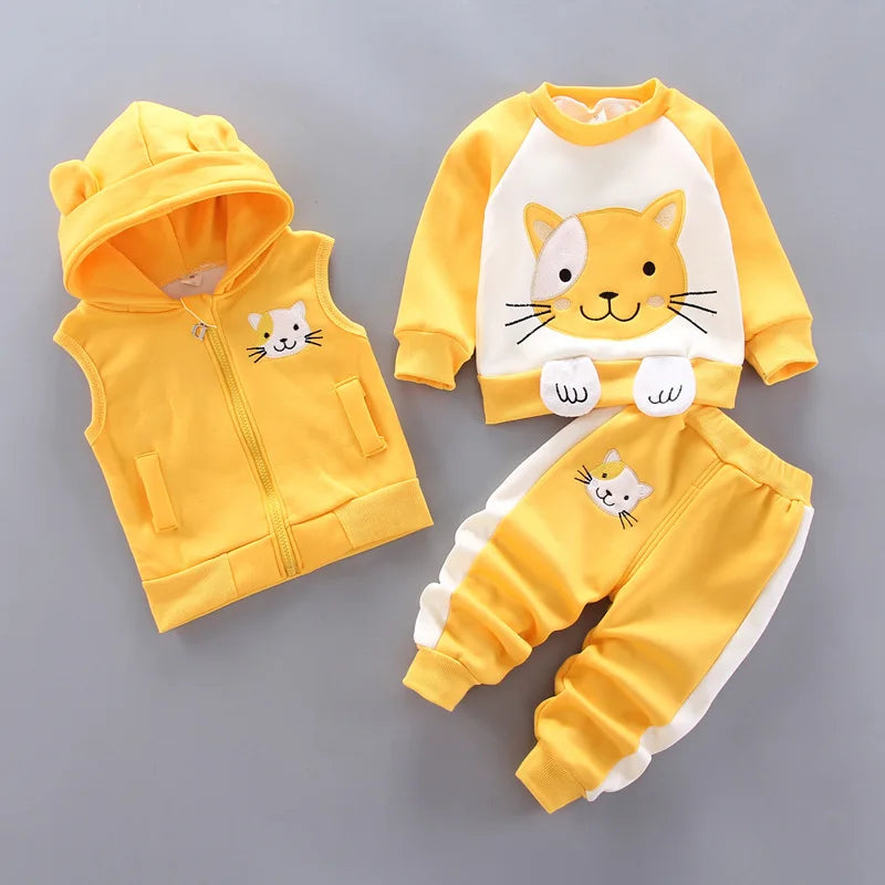 Babs Boy Clothing Set Autumn and Winter Velvet Thick Warm Casual Hooded Sweater Cartoon Cute Bear 3Pcs Toddler Girl Clothes Suit