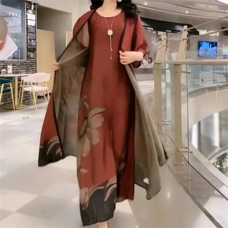 Maxy Middle Aged Mother Dress Suit Summer Casual Fashion Printing Two Piece Suits Long Dress Suits Women Temperament Dress Sets 729