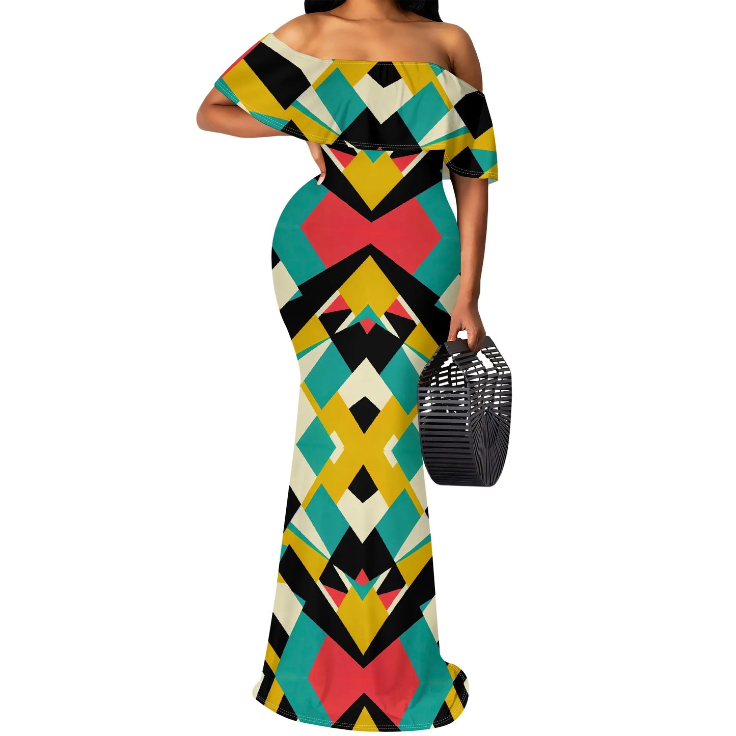 Maxy Sparkle Diamond Print Maxy Dress S-3XL Off Shoulder Bodycon Mermaid Style for New Year’s Eve, Holiday Dinner or Glam Party Look