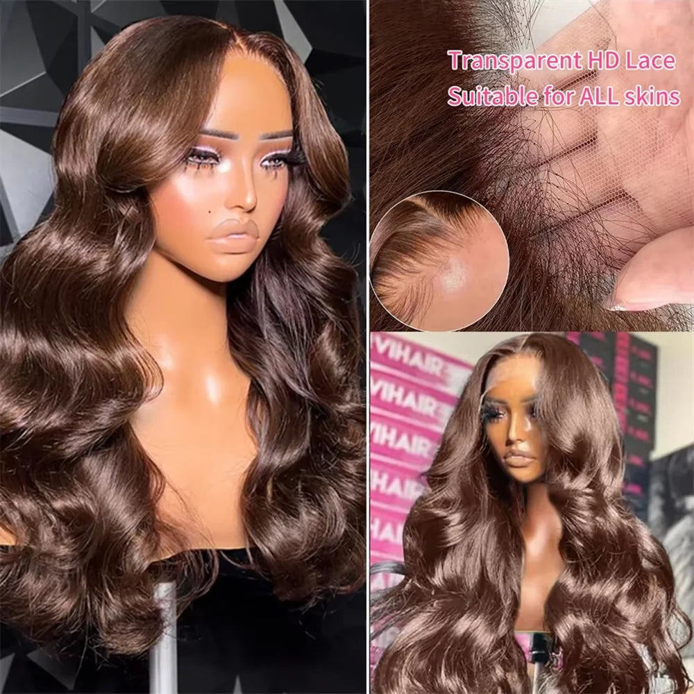 Chocolate Brown 13x6 13x4 Body Wave Layered Cut Human Wig Lace Front Human Hair Wigs Brown Colored Wigs 220% Density For Women