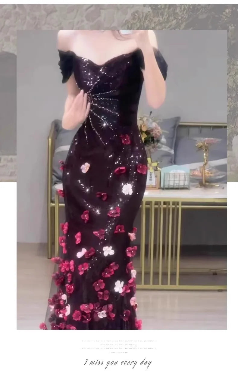 Maxy Wedding Engagement Reception Flower Sequin Dress Presenter Evening Dresses Sequin Evening Gown Vestidos De Quinceañera Party